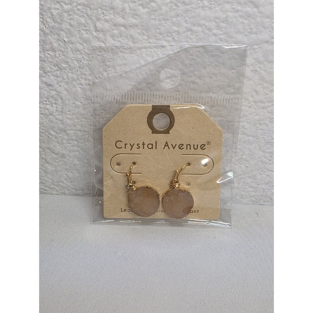 Crystal Avenue Druzy Drop Earrings Gold Tone Raw Stone Champagne Sparkle NWT